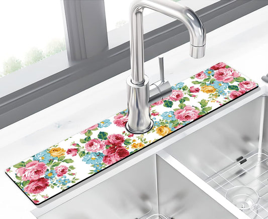 Kitchen Sink Splash Guard Faucet Mat Super Absorbent Fast Drying Mat Sink Gadgets Splash Guard Behind Faucet Drip Catcher for Kitchen (Pink Red Roses Floral, 23.5x5.5in)