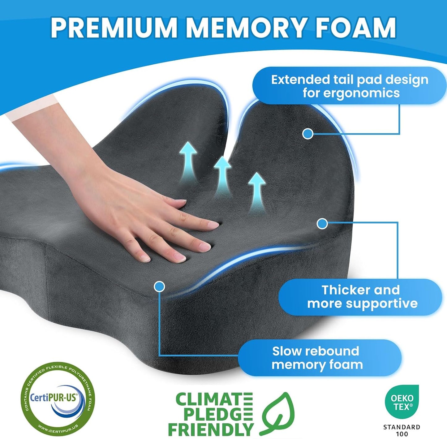 CushZone Ergonomic Seat Cushion, Sciatica Support for Office Chair, Black | Large Size for Sciatica & Hip & Tailbone Pain Relief, Memory Foam Office Chair Cushion for Car, Long Trip, Desk Chair, Lab
