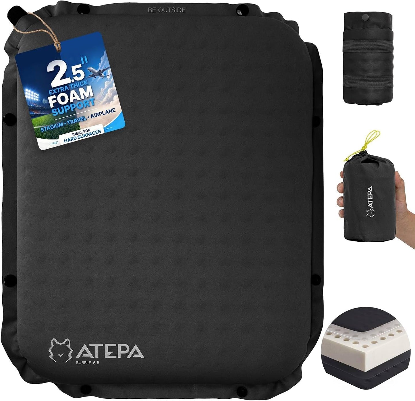 ATEPA Inflatable Seat Cushion | 2" & 2.5" foam core seat pad, Self inflating, Compact, Stadium, Airplane, Travel, Camping, Hiking, Sports events
