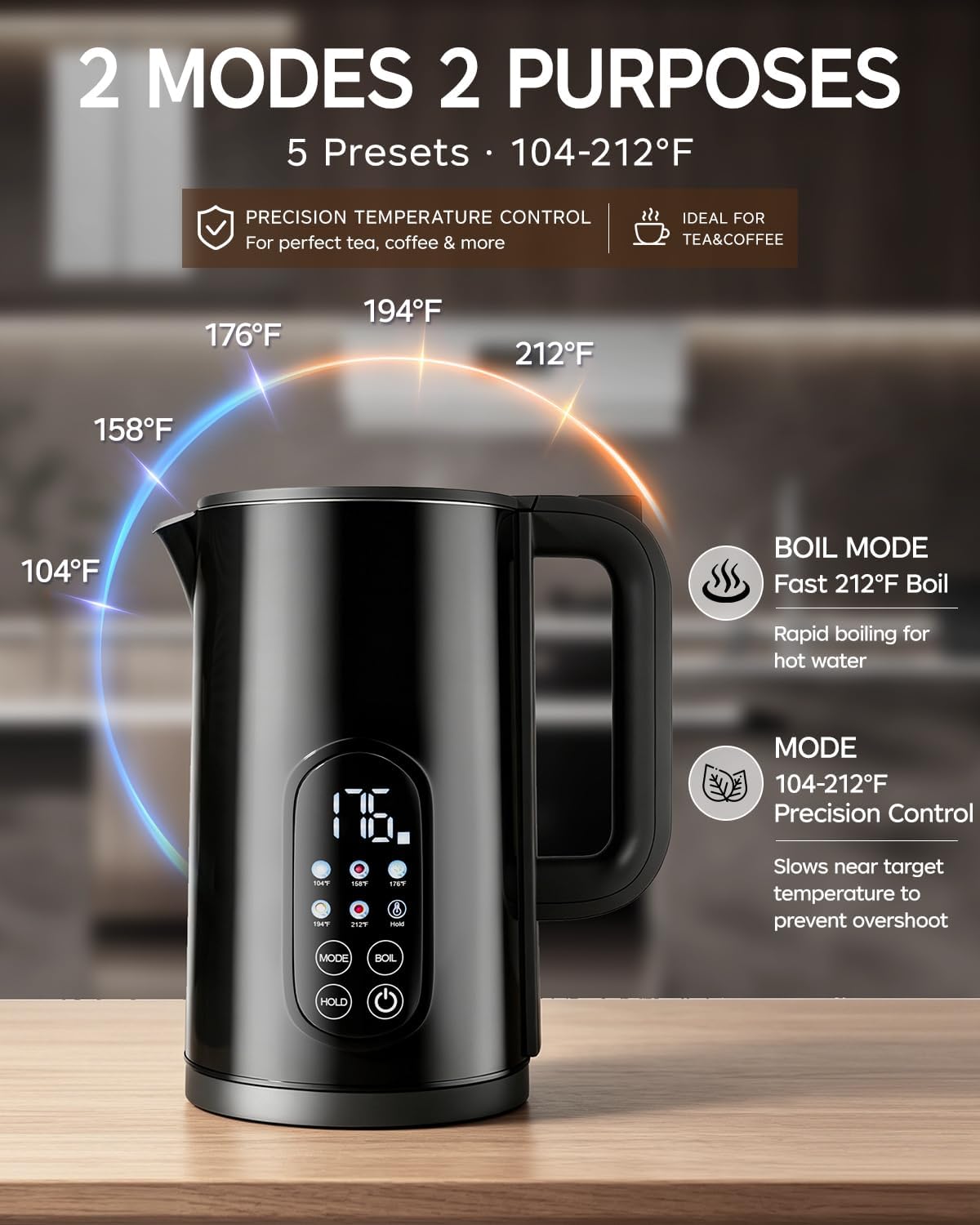 1.7L Stainless Steel Electric Kettle with Temperature Control–Black