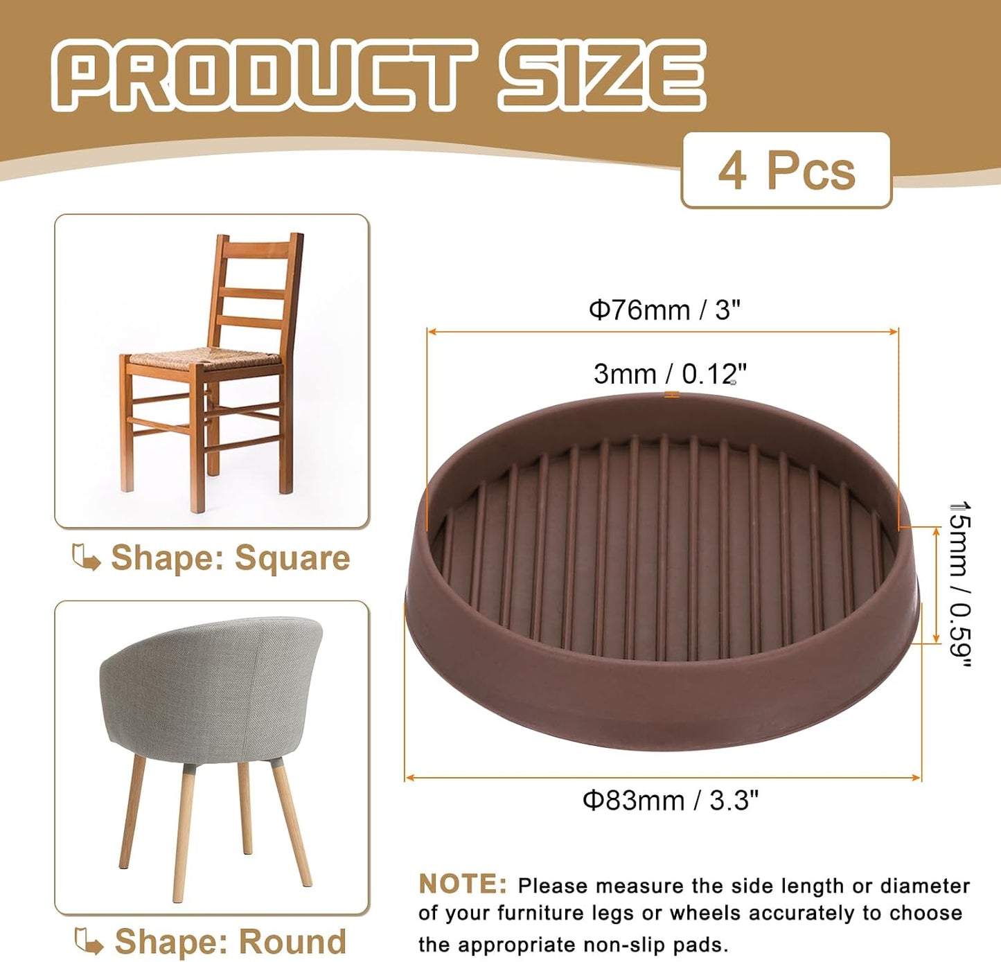 PATIKIL 4 Inch Rubber Furniture Pads, 4 Pack Non-Slip Furniture Coasters Round Anti Skid Caster Cups Furniture Feet Cup Floor Protectors for Bed Couch Stoppers, Brown