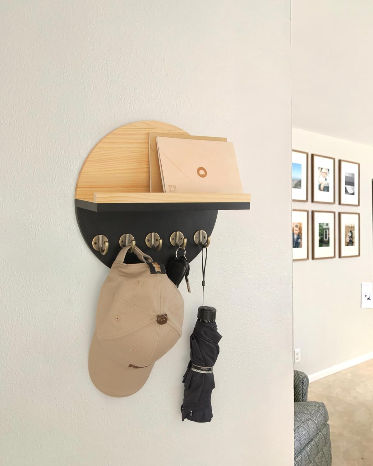 Gurfuy Key Holder for Wall with Shelf - Wood Mail Organizer and Rack with Shelf Hooks Wall Mounted for Entryway Decor Magazines Letter Storage Farmhouse Living Room Bedroom Doorway Green