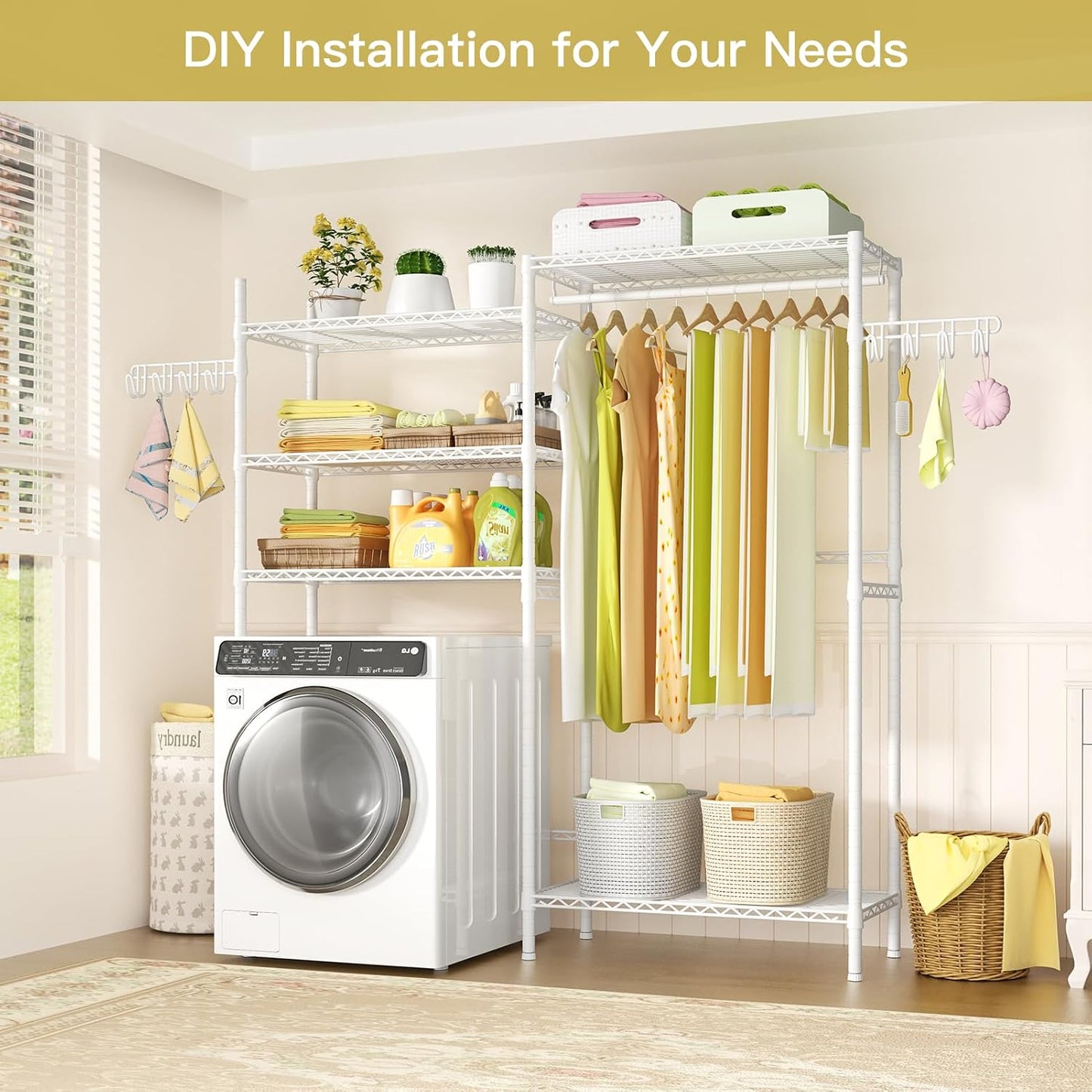 U5 Over the Washer and Dryer Storage Shelf, Laundry Room Space Saver | Bathroom Storage and Organizer Rack for Hanging Towel and Drying Clothes with 5 Wire Shelves, Black
