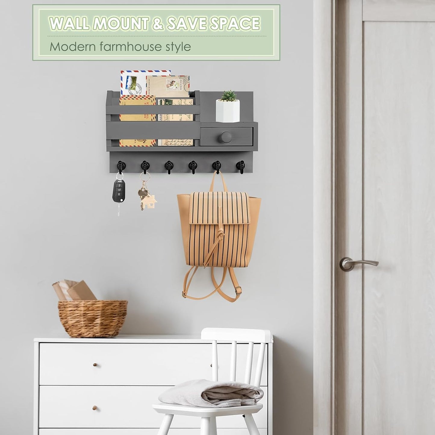 VIS'V Key Holder Wall Mount, Wooden Mail and Key Organizer, White | Contains Little Drawer, Small Shelf, 2 Slots, 6 Hooks, for Entryway, Hallway, Doorway, Kitchen, Garage, RV