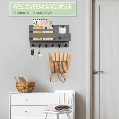 VIS'V Key Holder Wall Mount, Wooden Mail and Key Organizer, White | Contains Little Drawer, Small Shelf, 2 Slots, 6 Hooks, for Entryway, Hallway, Doorway, Kitchen, Garage, RV
