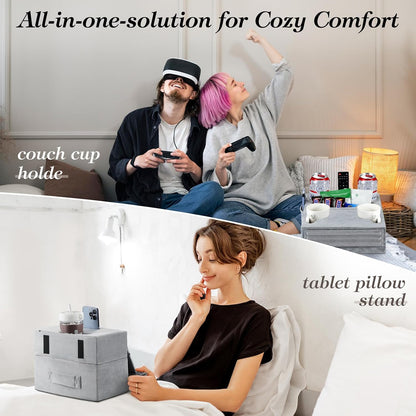 Luxspire Couch Cup Holder, Couch Caddy, 4 Holes, Gray | Couch Cup Holder Pillow Side Pocket and Handle, Couch Caddy Pillow for Phone/Drinks/Remote Control/Snacks