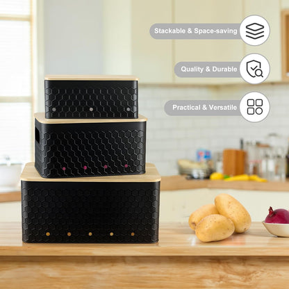 Kitchen Vegetable Storage Set of 3, Metal Onion Garlic Potato Storage Set, Kitchen Canisters Vegetable Keeper Containers with Aerating Holes and Bamboo Lid,Black