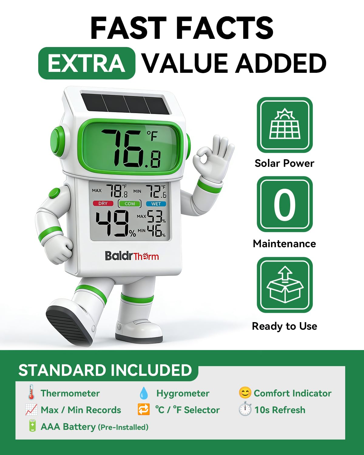 BALDR Solar Indoor Thermometer Hygrometer, Max/Min, Comfort Meter (White) | Solar & Battery Dual Power |No Setup or App Required |Clear Comfort Level Indicator |Flexible Desk or Wall Placement