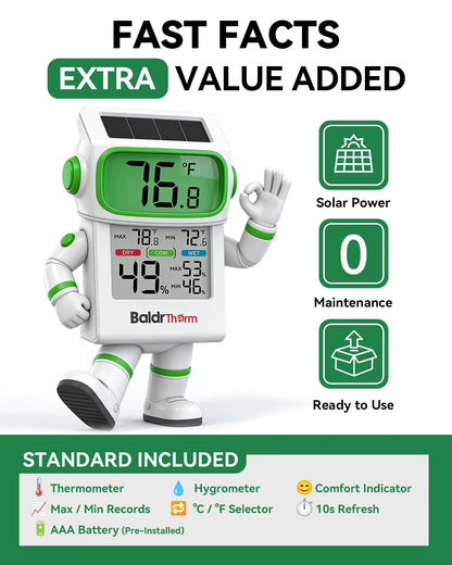 BALDR Solar Indoor Thermometer Hygrometer, Max/Min, Comfort Meter (White) | Solar & Battery Dual Power |No Setup or App Required |Clear Comfort Level Indicator |Flexible Desk or Wall Placement