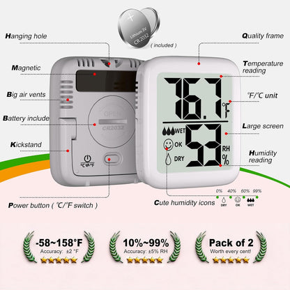 2 Pack Room Thermometer Indoor Hygrometer | Monitor Temperature & Humidity, Accurate, Fast Read, Easy To View, Magnetic/Kickstand/Hanging, ℉/℃, w/ Battery, Compact