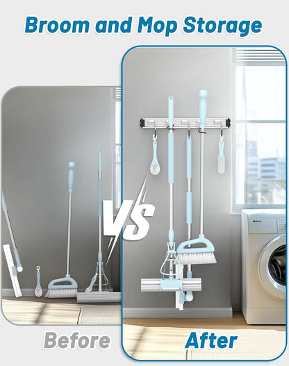 Mop and Broom Holder Wall Mount Garden Tool Rack Organizer | Modern Style, Movable Aluminum Alloy Wall Mounted Hook, Storage Gift for Bathroom, Closet, Laundry Room, Garage, Tool Room