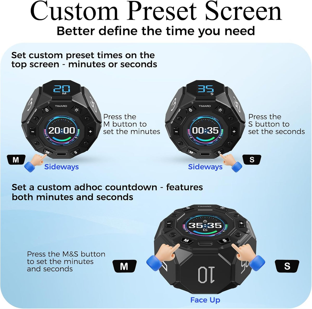 TIMARO Pomodoro Timer with 3/5/10/25/30 Min Presets for Productivity