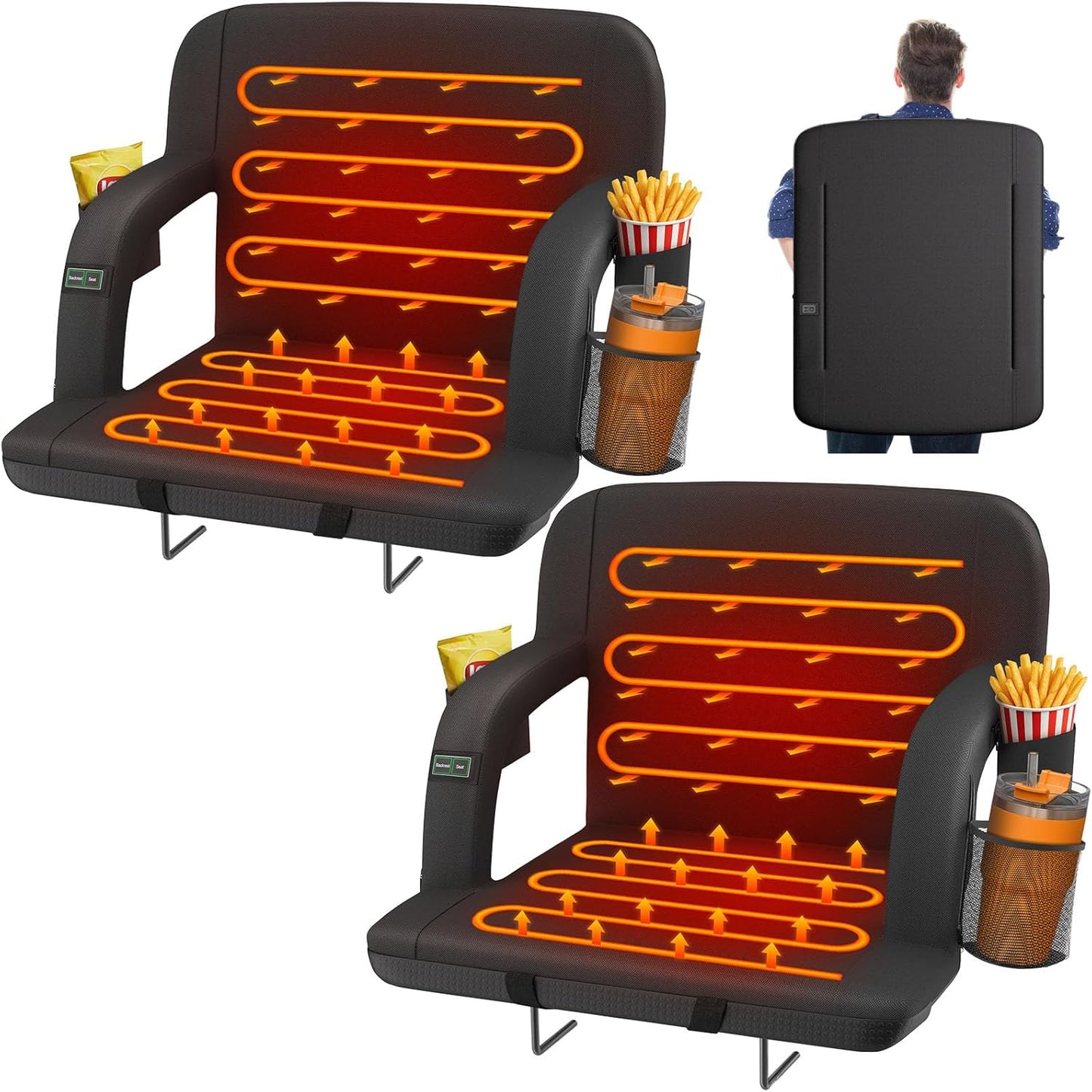 HOPERAN 25in Heated Stadium Seats for Bleachers, Dual Control, 2 PCS, Black | Independent Seat & Back 3 Level Heat (NO Battery), Soft Cushion, 6 Recliner, Anti-Slip, Side Pockets, Backpack Straps