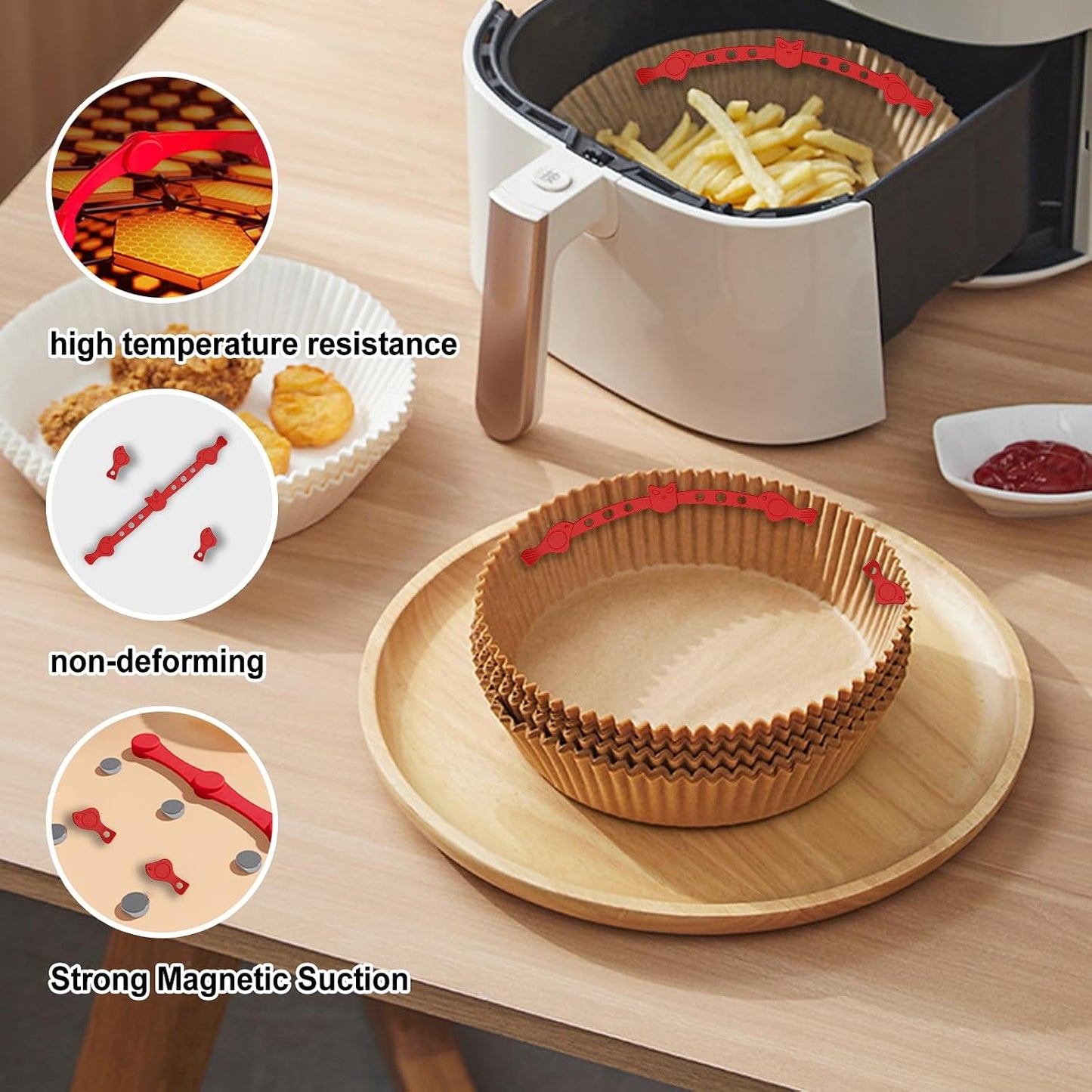 Air Fryer Magnets Silicone Buckle for Parchment Paper Liners, High-Temp Resistant Air Fryer Accessories, Safely Lock Paper from Heating Element or Covering Food, Prevent Burning (Red)