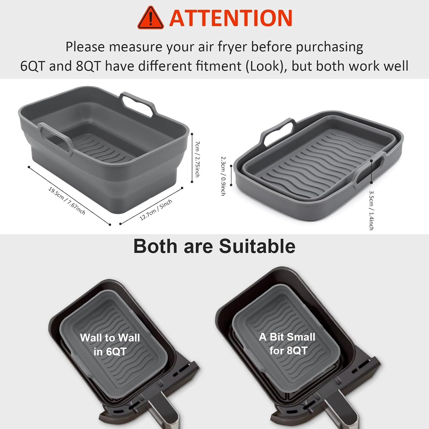 2Pcs Air Fryer Silicone Liners with Magnetic Cheat Sheet, 8-10 QT, Grey | 2 Pack, Reusable, Replacement Basket Bowl, Collapsible Baking Tray, Air Fryer Accessories