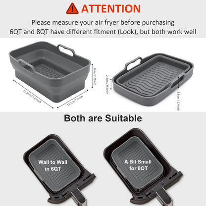 2Pcs Air Fryer Silicone Liners with Magnetic Cheat Sheet, 8-10 QT, Grey | 2 Pack, Reusable, Replacement Basket Bowl, Collapsible Baking Tray, Air Fryer Accessories