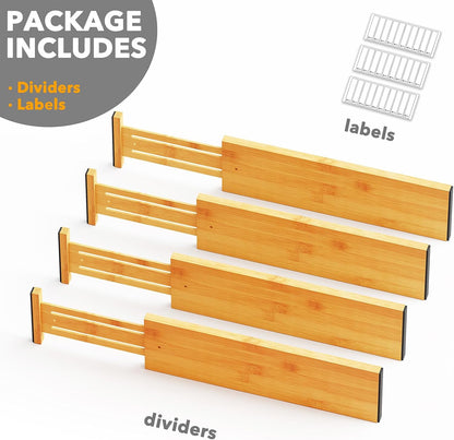 SpaceAid Bamboo 4 Pack Dresser Drawer Dividers, 4.65“ High Adjustable 12.5“-17” Drawer Organizers, Expandable Organization for Clothing, Clothes, Dressers, Black