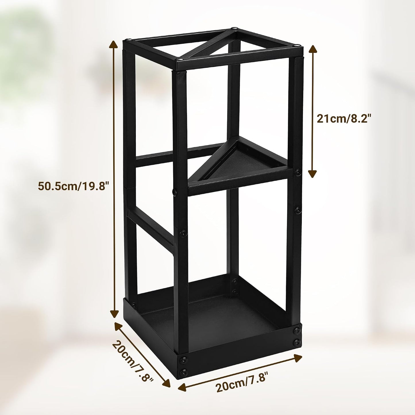 Umbrella Stand for Entryway Metal Geometric Freestanding Umbrella Holder or Cane Holder with Shelf for Small Umbrellas and Bottom Drip Tray, Black