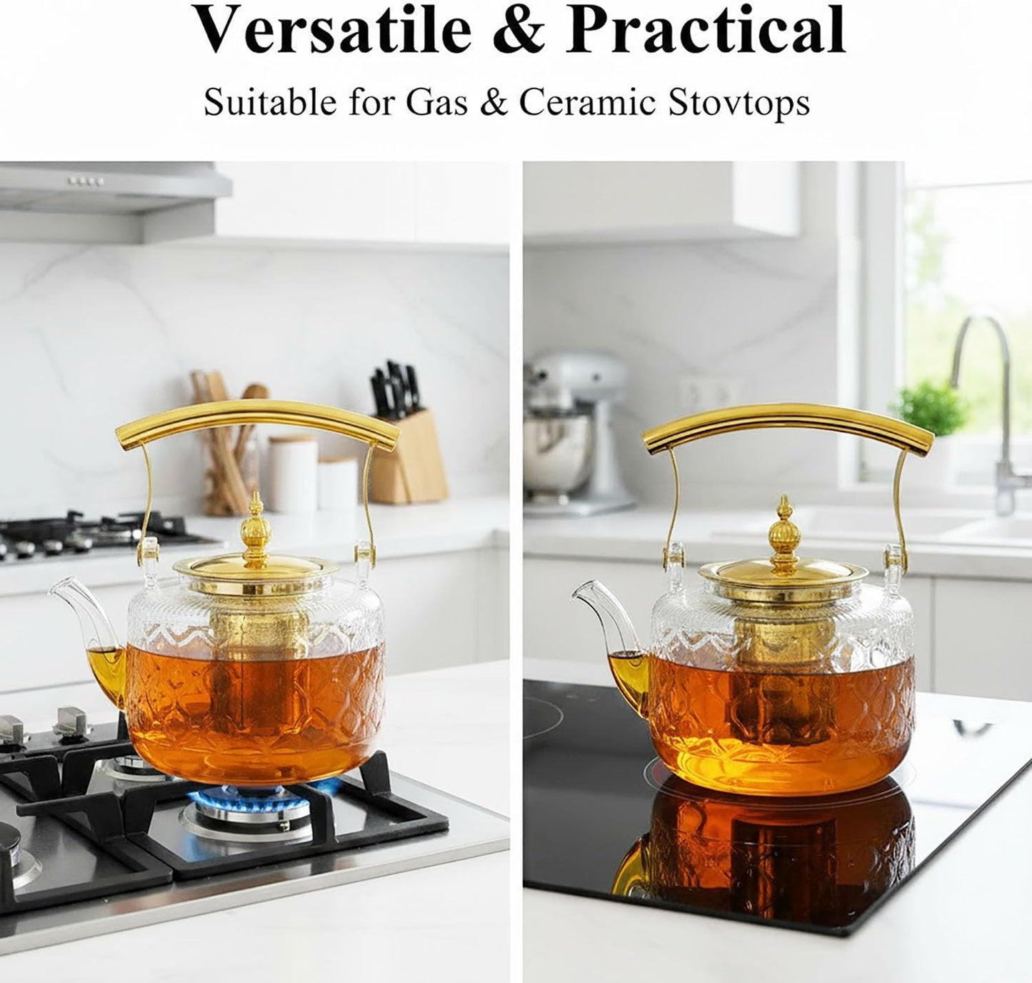 High Borosilicate Glass Teapot, 36 oz Thickened Heatproof Glass Teapot with Removable Stainless Steel Infuser and Lid, Stovetop Safe Tea Kettle, Hand Crafted Kettle, for Women and Adult