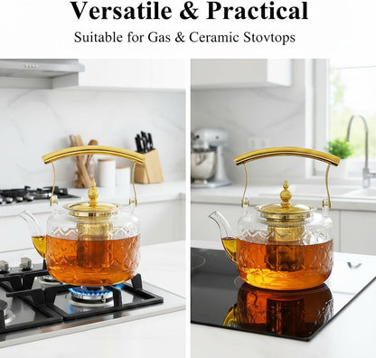 High Borosilicate Glass Teapot, 36 oz Thickened Heatproof Glass Teapot with Removable Stainless Steel Infuser and Lid, Stovetop Safe Tea Kettle, Hand Crafted Kettle, for Women and Adult