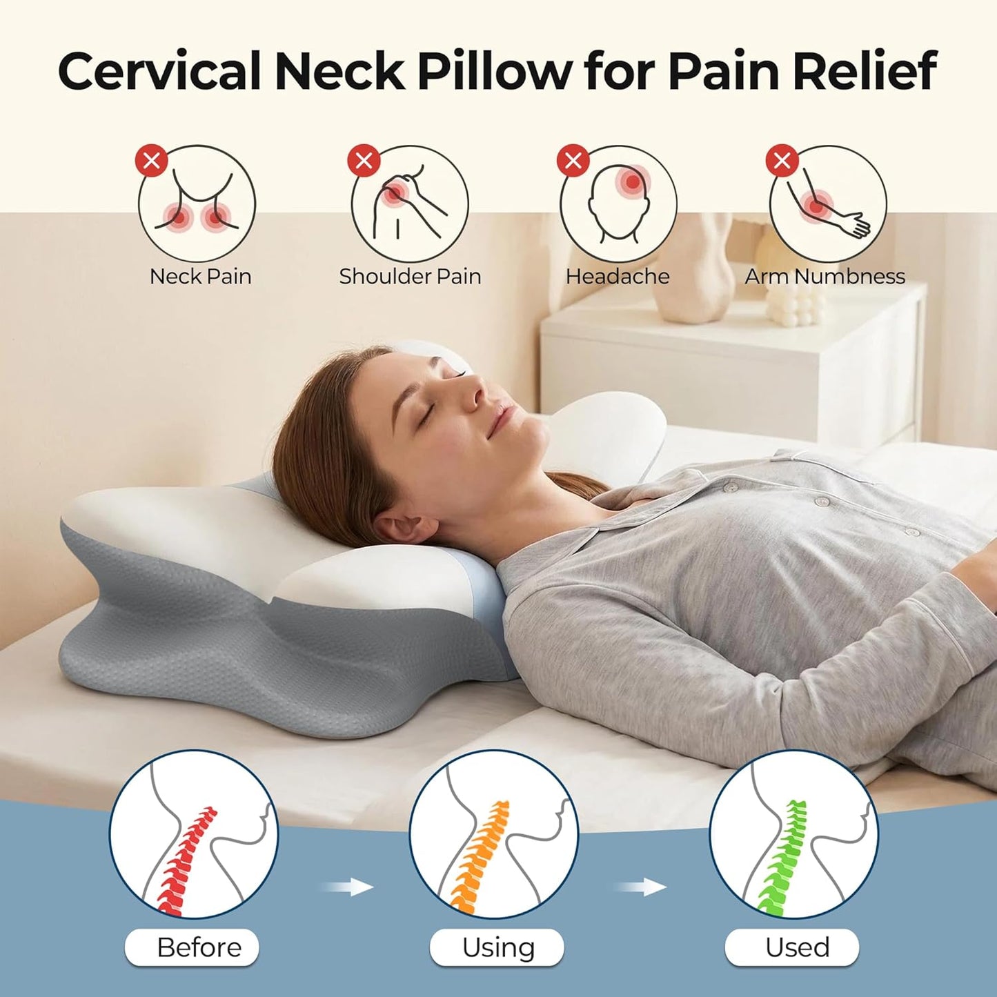Cervical Neck Pillow - Contour Memory Foam Pillows for Pain Relief | Ergonomic Pillow for Sleeping, Side Sleeper Pillow for Neck Support, Bed Pillow for Back Stomach Sleepers