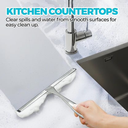 2pcs Shower Squeegee for Glass Doors with Adhesive Hanging Hook Set | 10” Silver, Bathroom Accessories, Window Cleaner, New Home Essentials, Soft Rubber Blade, Metal Handle, Ergonomic Grip
