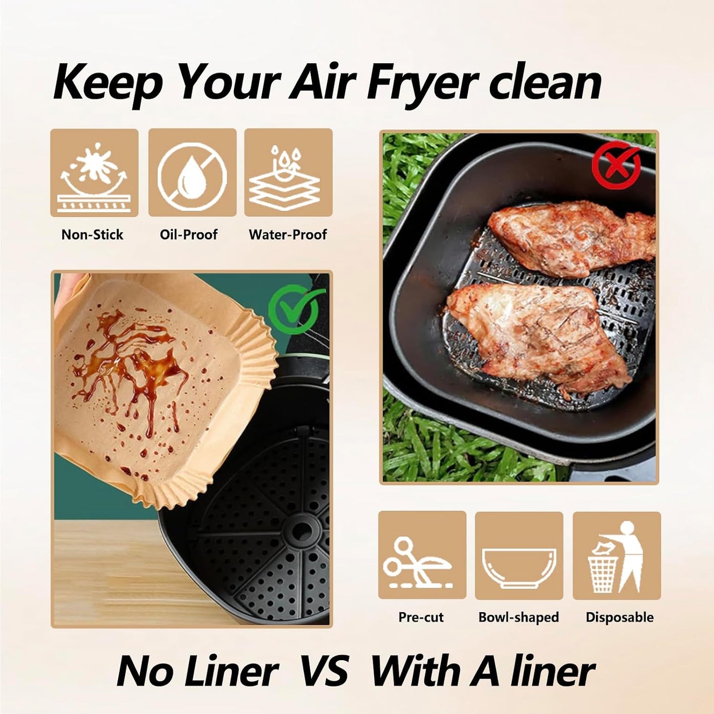 Ecfvtp Air Fryer Disposable Paper Liner, 100PCS Food Grade Parchment Liners for Ninja DZ201, Air Fryer Accessories Baking Paper (9 * 6,Thicken Natural)
