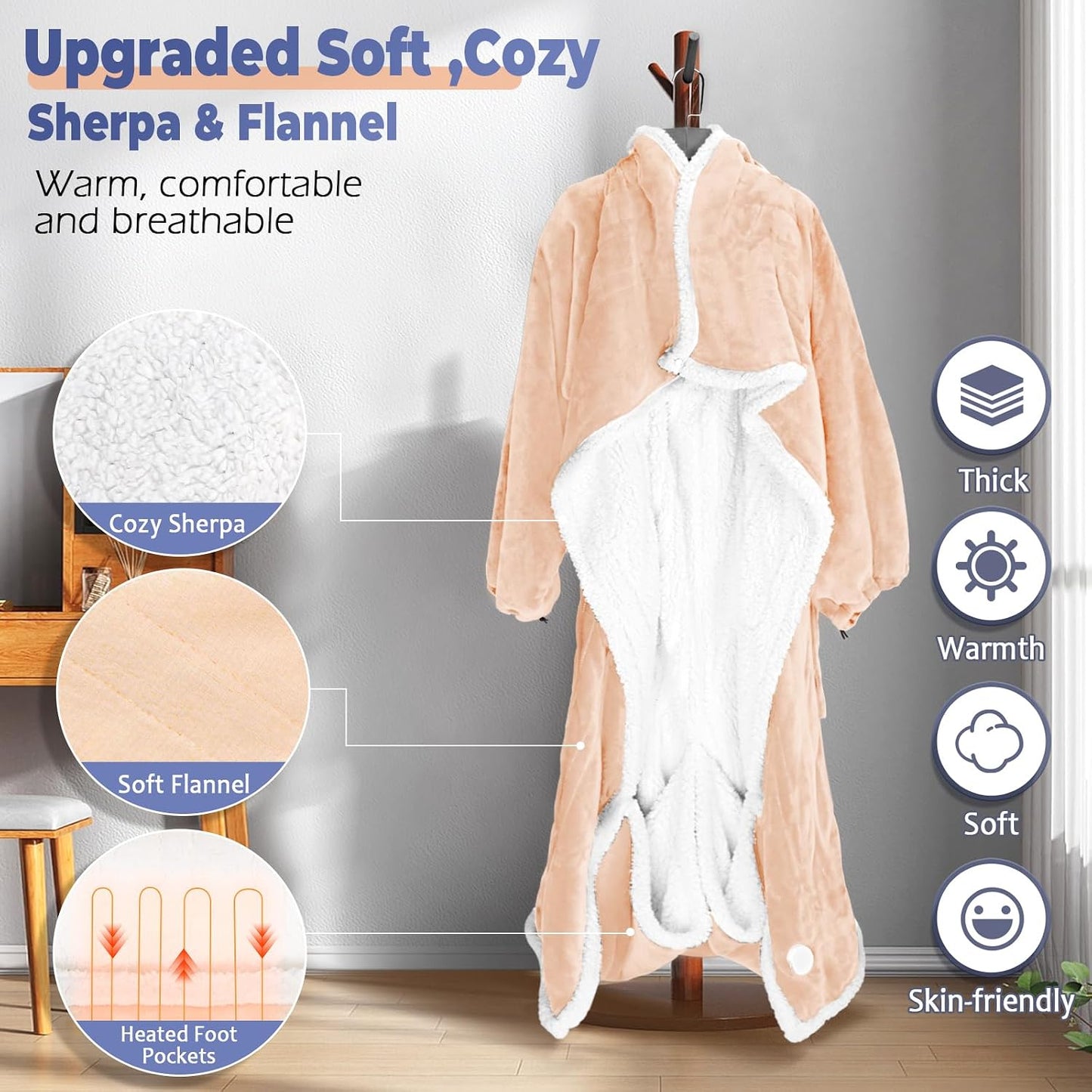 Wearable Heated Blanket with Foot Pocket, Electric Wearable Throw Blanket with Sleeves, Hood, Portable Heated Blanket with 8 Heat Settings, 1-10 Hours Auto Shut-off, Gift for Family, Friends, 50*70"