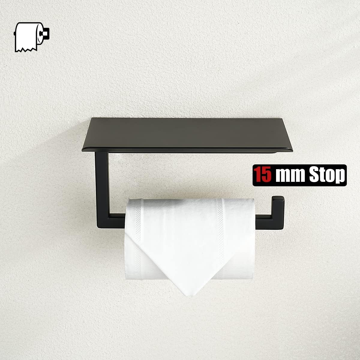 JQK Toilet Paper Holder Shelf, Bathroom Tissue Roll Holder with Phone Shelf, 5 Inch 304 Stainless Steel Tissue Paper Dispenser, Matte Black Wall Mount, TPH202-PB