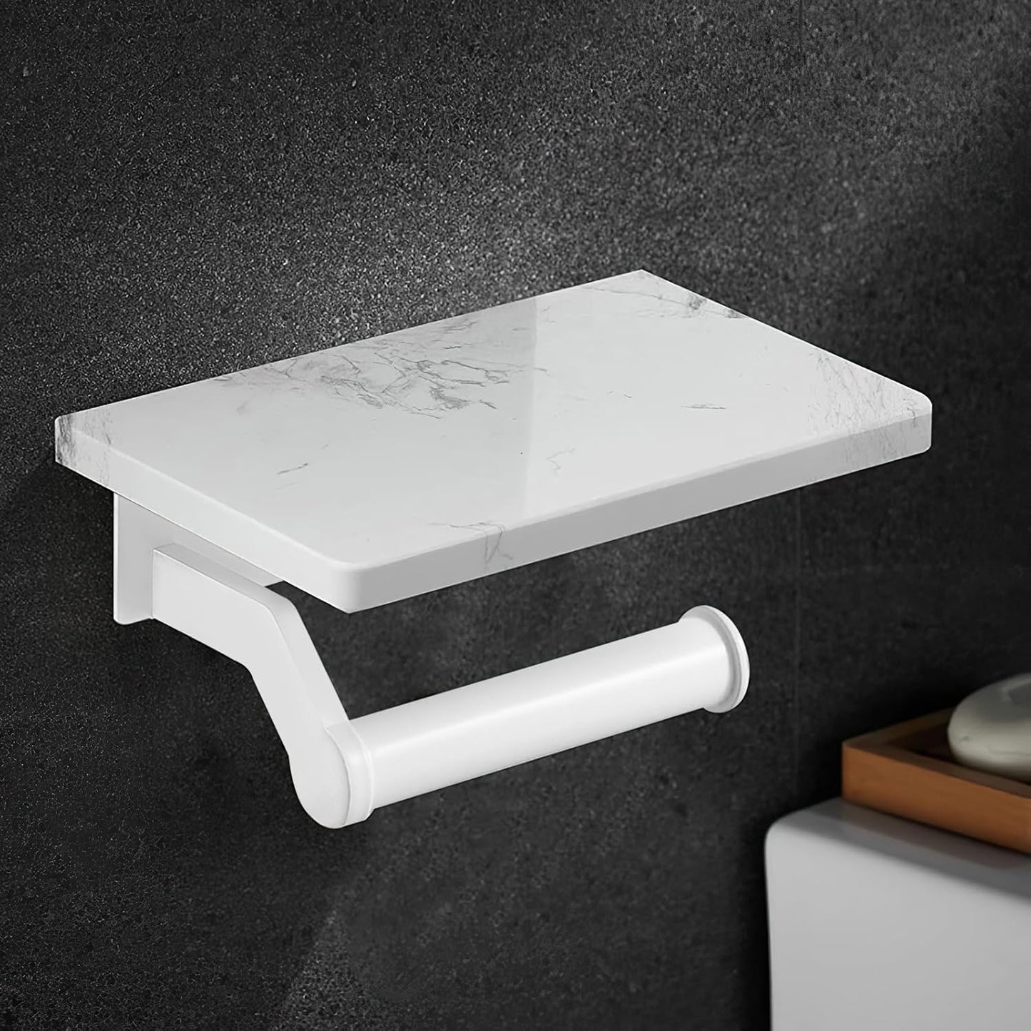 Hoimpro Toilet Paper Holder Wall Mounted, Marble Tissue Roll Rack | Brushed Gold | White Natural Marble Shelf Hand Paper Roll Holder, for Bathroom Kitchen Washroom Bedroom Aluminum