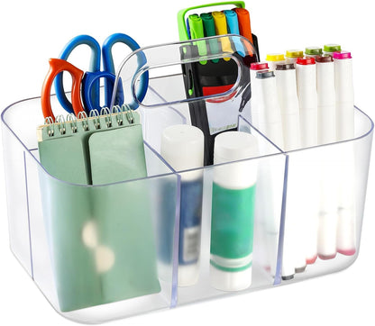 Multiuse Caddy Organizer with Handle, Portable Divided Plastic Tote Bin - Art Craft, Stationary Pen Marker Crayons, Makeup Hair Supplies Storage - Bathroom, Classroom, Dorm, Office, Desk Holder - Grey