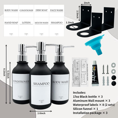3 Pack Wall Mount Shower Dispenser, No Drill, 16 Waterproof Labels | Shampoo Dispenser for Shower Wall, Shampoo and Conditioner Dispenser, Bathroom, 17oz, Gold Amber