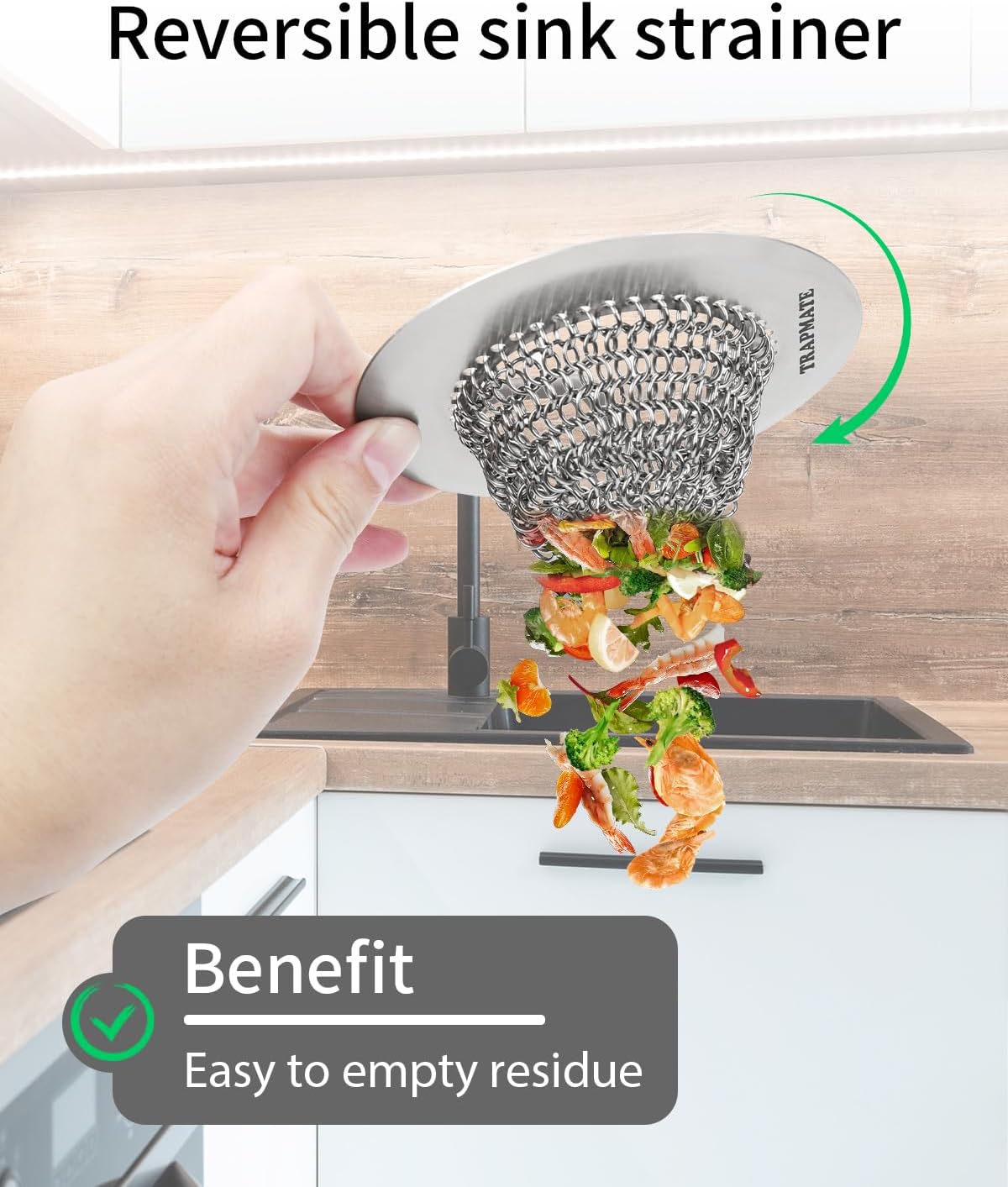 Reversible Kitchen Sink Drain Strainer Basket, Fits Sink & Garbage Disposal | Fast Drainage, Anti-Slip, Easy Clean, Anti-Clogging, Rust-Proof, Large Capacity, Universal 4.4-Inch, Patented Chain Mesh