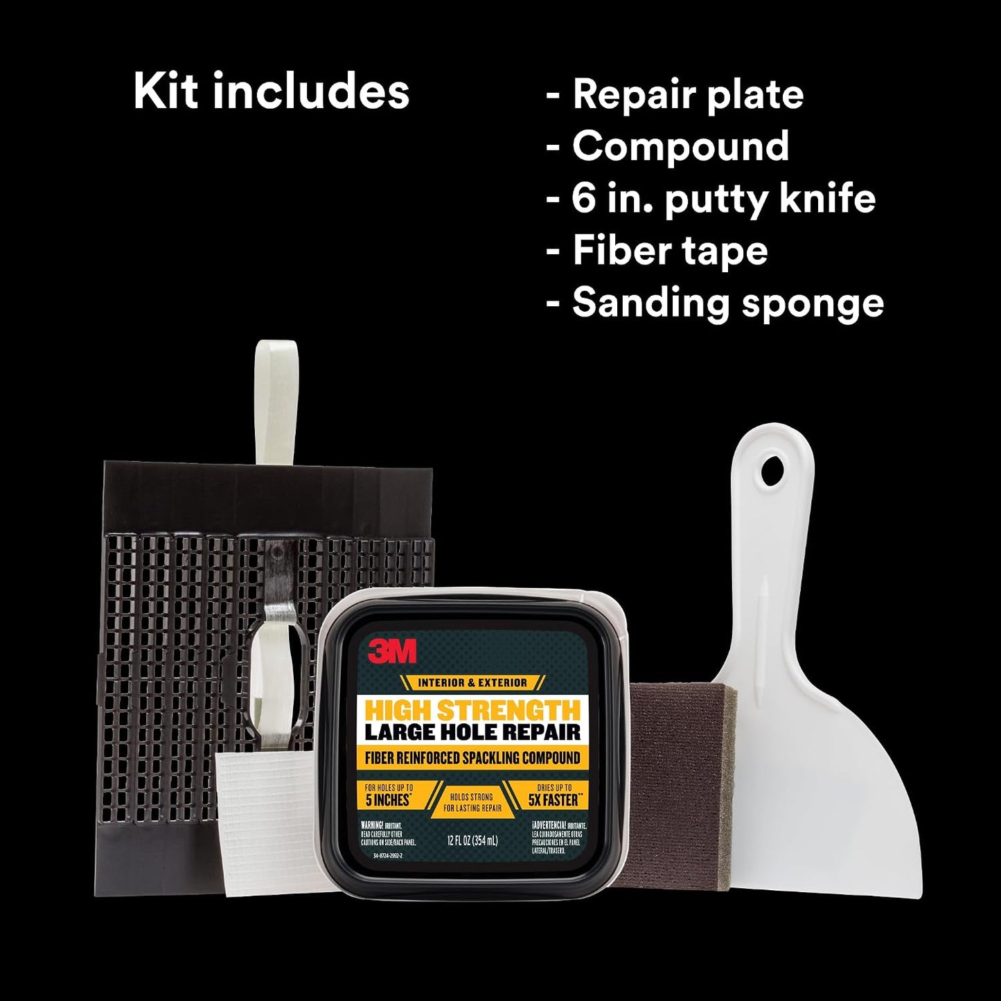 3M High Strength Large Hole Repair Kit | Wall Hole Repair Kit With Spackling Compound, Putty Knife, Repair Plate, And Sanding Sponge, No Shrinking or Cracking