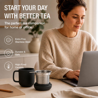 Tealyra - Sumo Porcelain Loose Tea Steeping Mug - 15oz/450 ml Ceramic Tea Cup with Infuser and Lid/Coaster - Extra Fine Stainless Steel Infusion Strainer - For Home or Office - Yellow