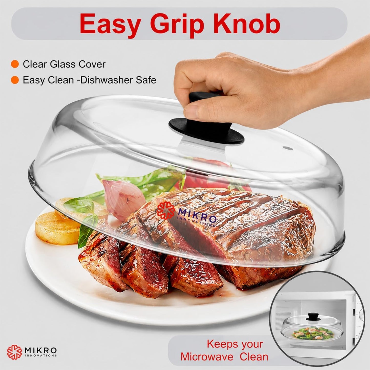 10.5-Inch Glass Microwave Splatter Cover – Borosilicate Glass Food Plate Splatter Guard with Vent Hole, BPA-Free, Easy-Grip Silicone Knob, Dishwasher Safe (1, Black, 10.5in)