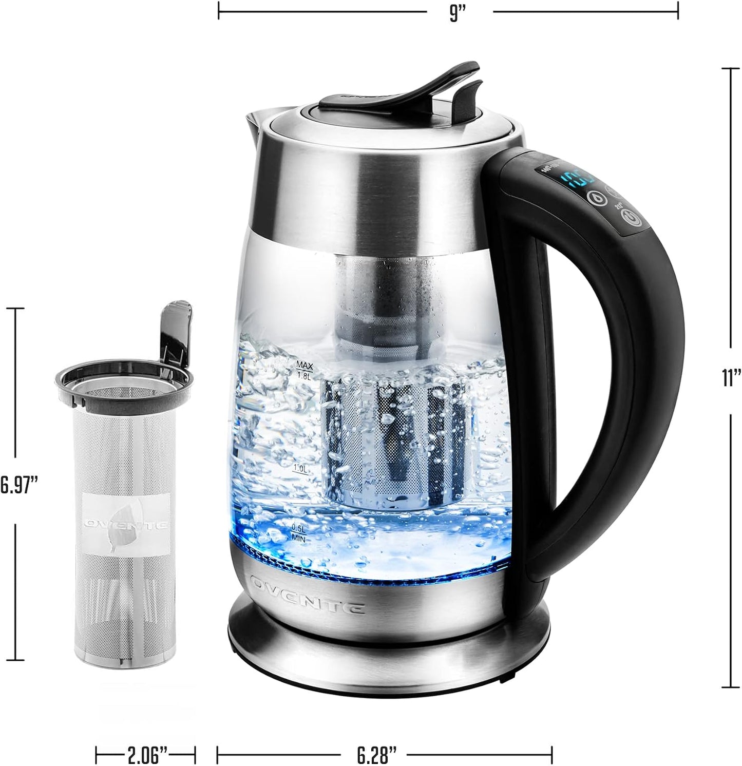 OVENTE 1.8L Glass Electric Kettle with Tea Infuser, Silver KGD752S | 1500W Fast Boiling, Easy Fill Lid, 7 Temperature Control, Keep Warm, Digital Display, Auto Shut-Off, Boil-Dry Protection