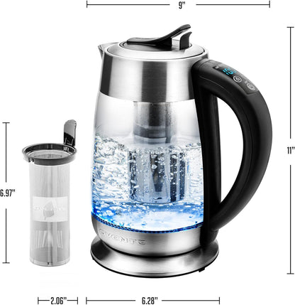 OVENTE 1.8L Glass Electric Kettle with Tea Infuser, Silver KGD752S | 1500W Fast Boiling, Easy Fill Lid, 7 Temperature Control, Keep Warm, Digital Display, Auto Shut-Off, Boil-Dry Protection