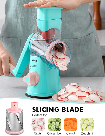 Geedel Rotary Cheese Grater, Kitchen Mandoline Vegetable Slicer with 3 Interchangeable Blades, Easy to Clean Rotary Grater Slicer for Fruit, Vegetables, Nuts | 3 Blades, 430 Stainless Steel, 12x Fast Cutting, Strong Suction Base, No BPA, Dishwasher Safe,