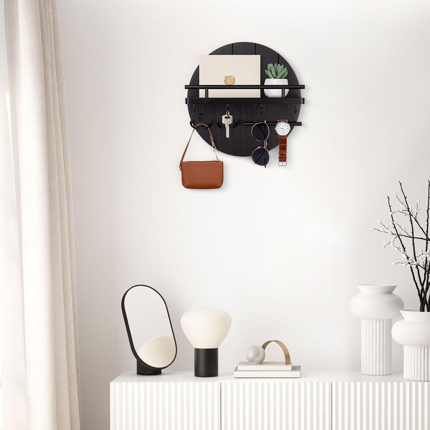 Nekon Key Holder Wall Mount, 11.8” Wood Mail Organizer for Wall, Brown | Round Wall Shelf with 6 Key Hooks, Rustic Key and Mail Holder, Key Hanger for Entryway Hallway Kitchen