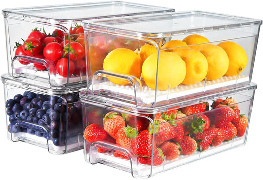 Refrigerator Drawer Organizer Bins, Clear Stackable Pull Out Fridge Organizers and Storage Container, with Strainer Layer for Fruits, Vegetables, Drinks, Snack and Food
