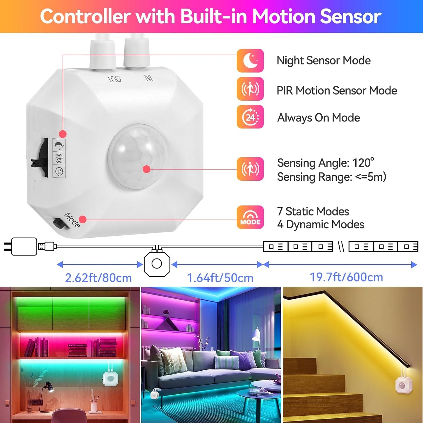 Motion Activated LED Strip Under Bed Lights 9.8Ft RGB, Remote & App Control | Motion Sensor Strip Light Indoor, Music Sync,Auto On/Off RGB Color Changing Night Light USB Powered for Bedroom Cabinet TV PC