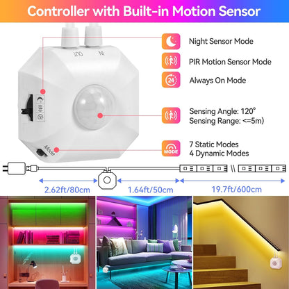 Motion Activated LED Strip Under Bed Lights 9.8Ft RGB, Remote & App Control | Motion Sensor Strip Light Indoor, Music Sync,Auto On/Off RGB Color Changing Night Light USB Powered for Bedroom Cabinet TV PC