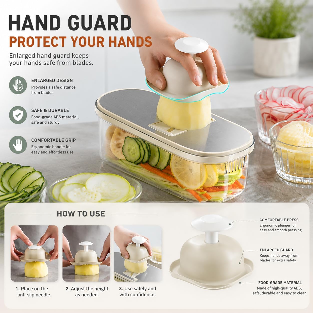 Multifunctional Vegetable Slicer Grater with 6 Blades, Cheese Grater Hand Crank,Hand Guard & Storage Container, Drain Basket, Kitchen Chopping Shredder for Potato Carrot Cheese