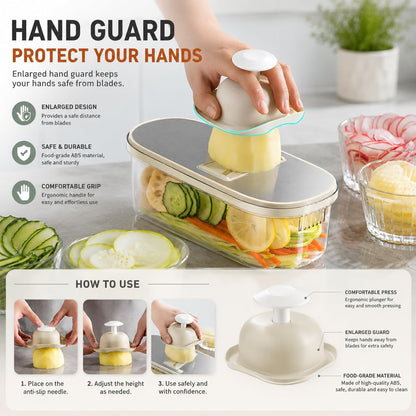 Multifunctional Vegetable Slicer Grater with 6 Blades, Cheese Grater Hand Crank,Hand Guard & Storage Container, Drain Basket, Kitchen Chopping Shredder for Potato Carrot Cheese