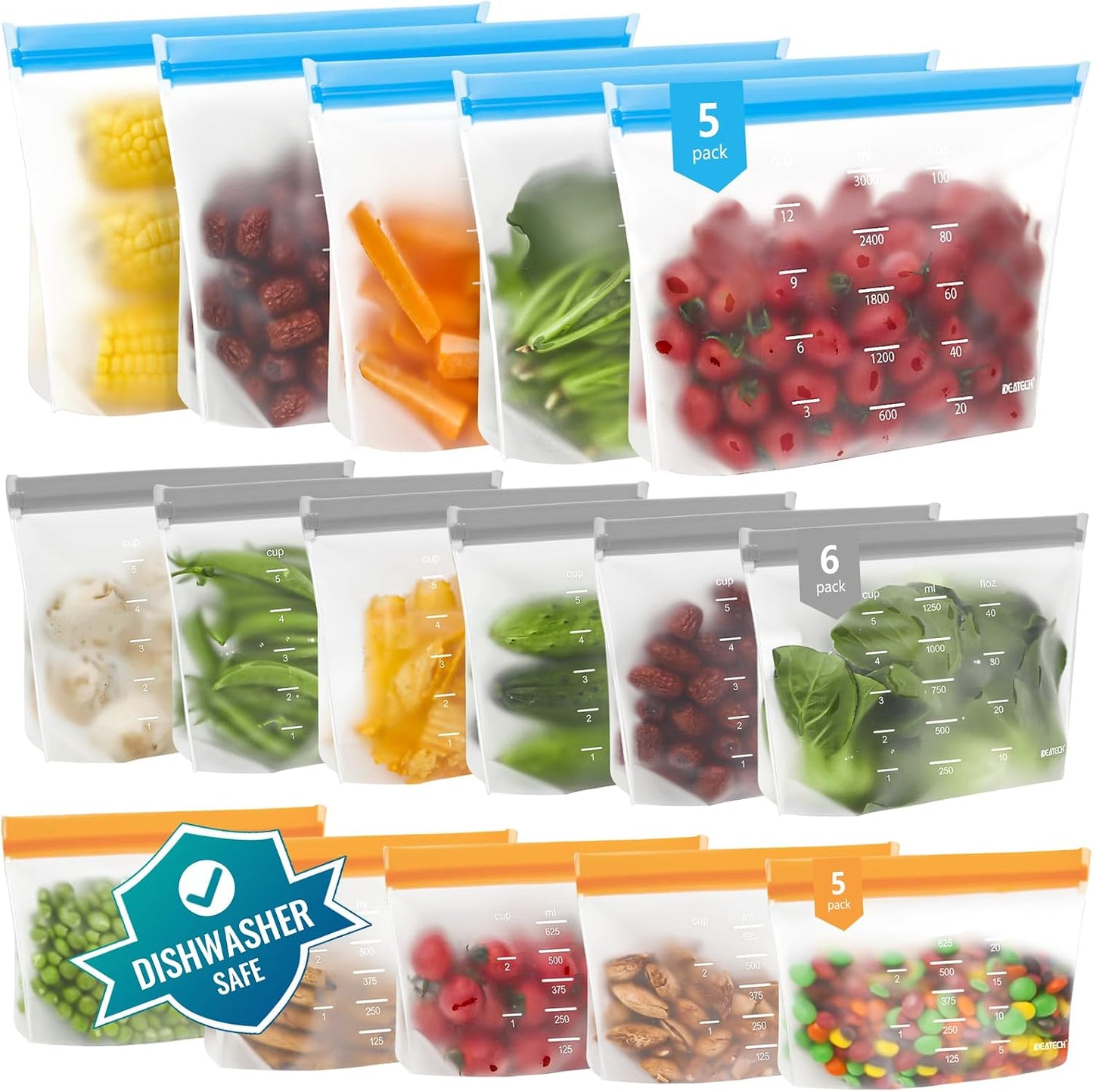 IDEATECH Reusable Bags Dishwasher Safe, BPA Free Reusable Gallon Freezer Bags, Stand Up Leakproof Food Storage Bags for Marinate Meats, Salad Fruit, Vegetables, Home Organization -Gray 6 Large Bags