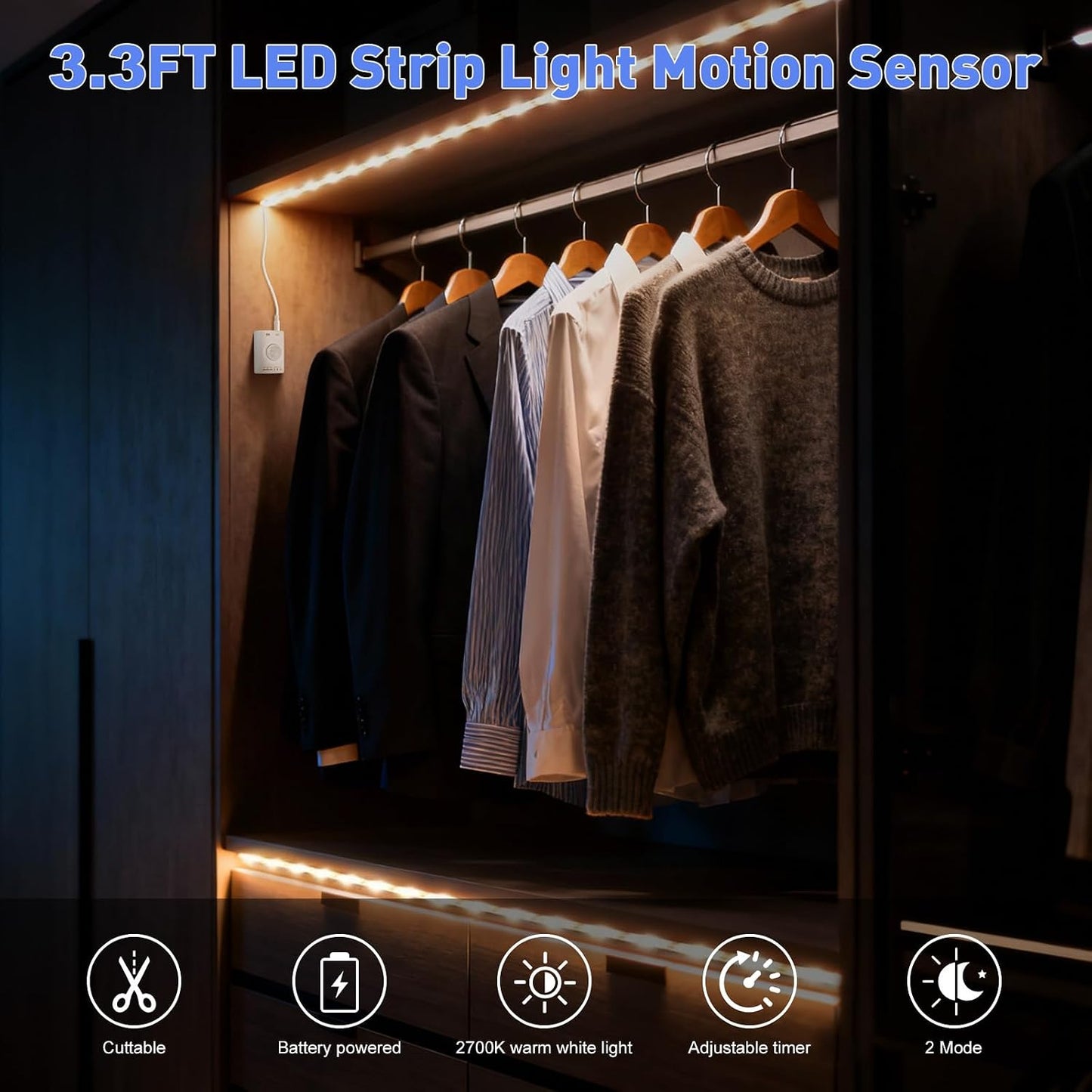 Rechargeable Motion Sensor LED Strip for Cabinet (2Pack-6.6FT, Cool White) | Motion Activated, 1500mAh Battery, Cuttable, Auto On/Off, Self-Adhesive, for Kitchen, Stairwell, Hallway, Garage, Basement