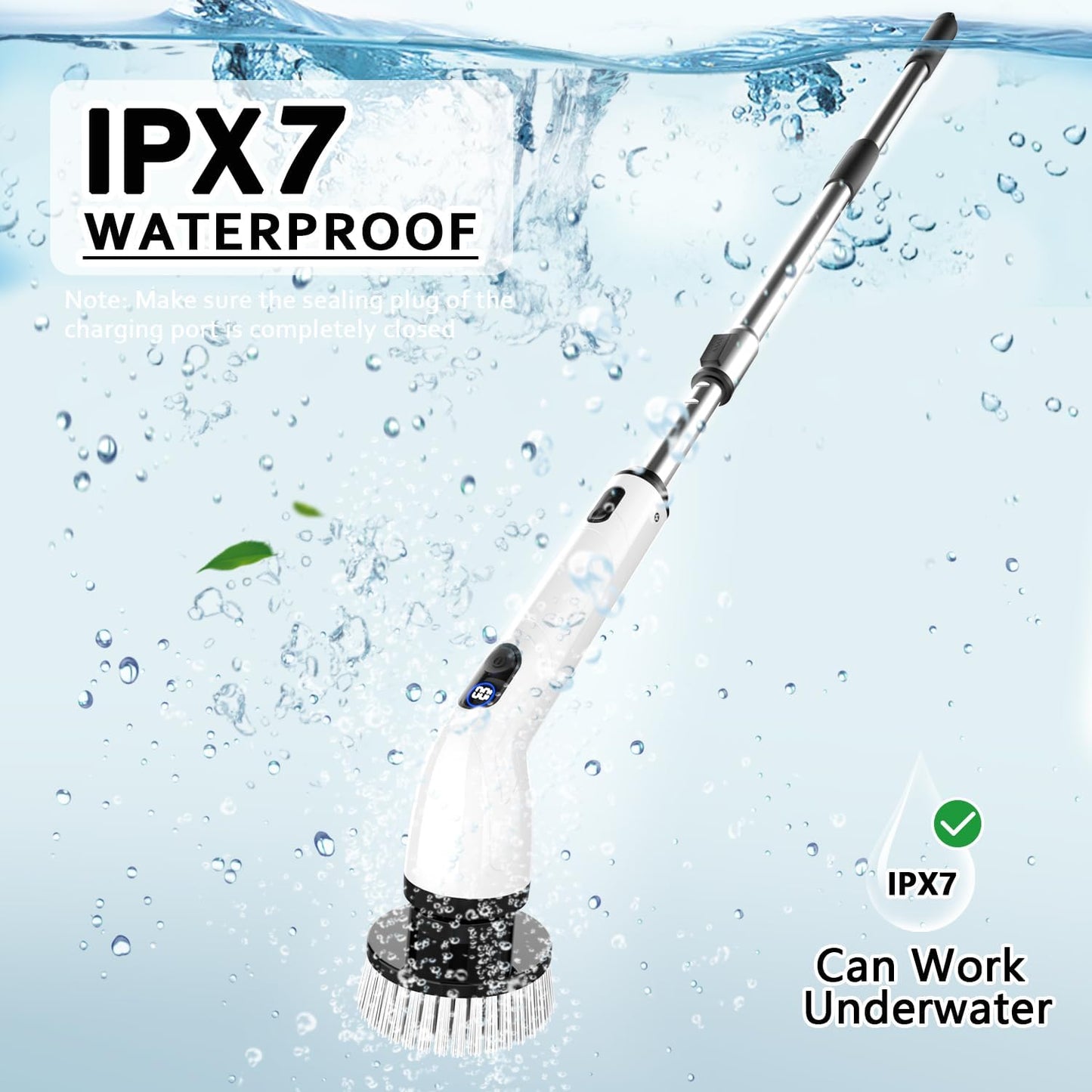 Electric Spin Scrubber,8 Replaceable Brush Heads for Home | IPX7 waterproof power scrubber with LCD display, multi heads, extendable handle, 90min runtime for bathroom kitchen glass car