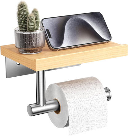 Tindbea Toilet Paper Holder with Wood Shelf, Wooden Wall Mount Tissue Paper Roll Holder, Matte Black Stainless Steel Bathroom Accessories Decor Household Home Apartment Restroom Essentials (Walnut)