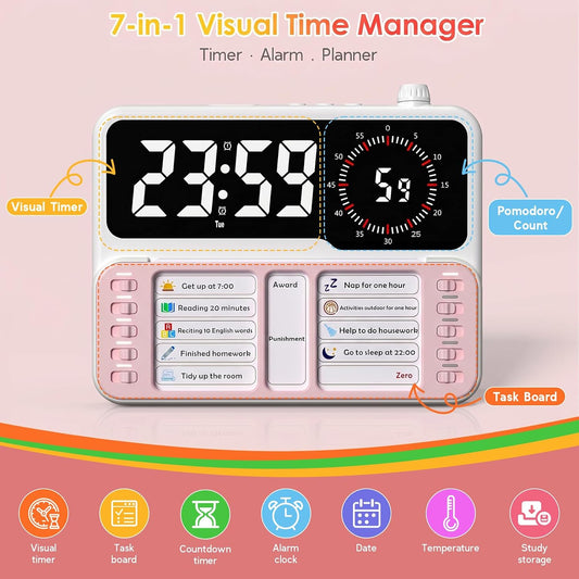 7-in-1 Visual ADHD Timer for Kids with Chore Chart Board, ADHD Tools Schedule for Kids with Autism, Alarm, Countdown, Date, Temperature, Storage, Daily Checklist for Home/School/Classroom/Desk(Pink)